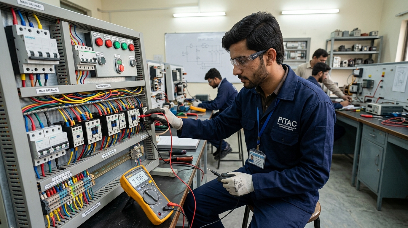 Industrial electrical technician panel board and multimeter testing setup
