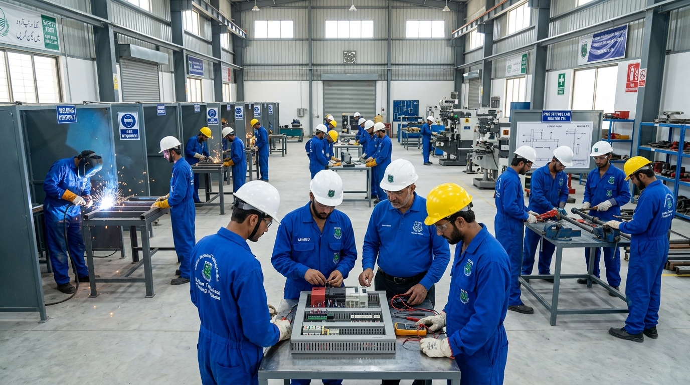 Trainees performing hands-on technical workshop training at Ashtar Trade Test Multan