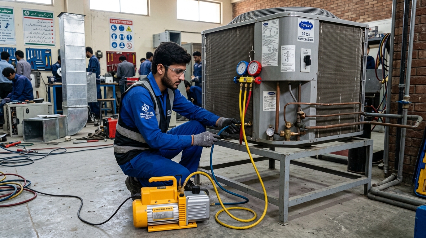HVAC technician connecting manifold gauges to air conditioner condensing unit