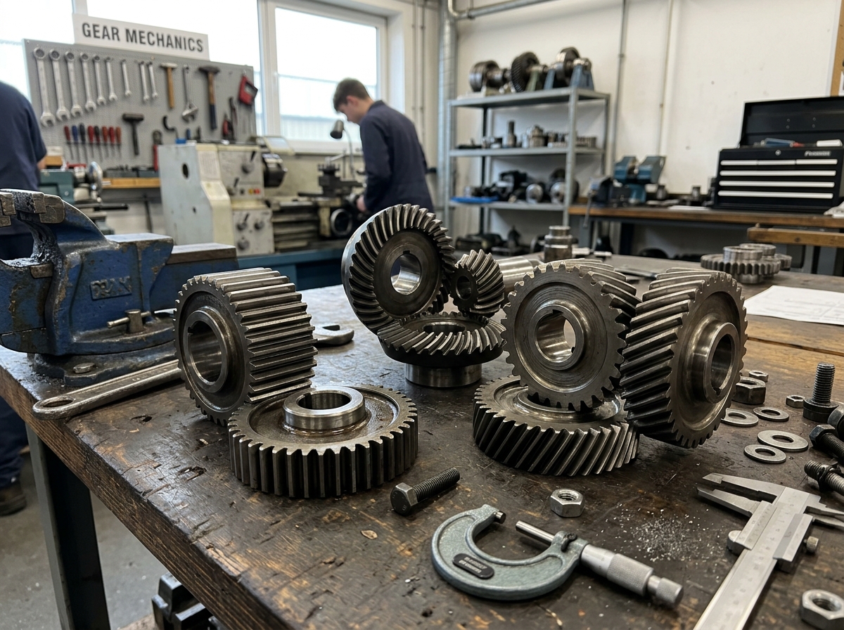 Industrial Steel Gears Including Spur and Helical Gears on Workshop Workbench