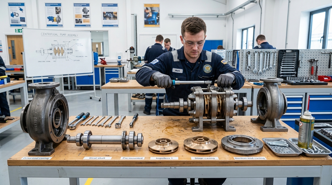 Systematic Assembly of Industrial Pump and Components on Workshop Workbench