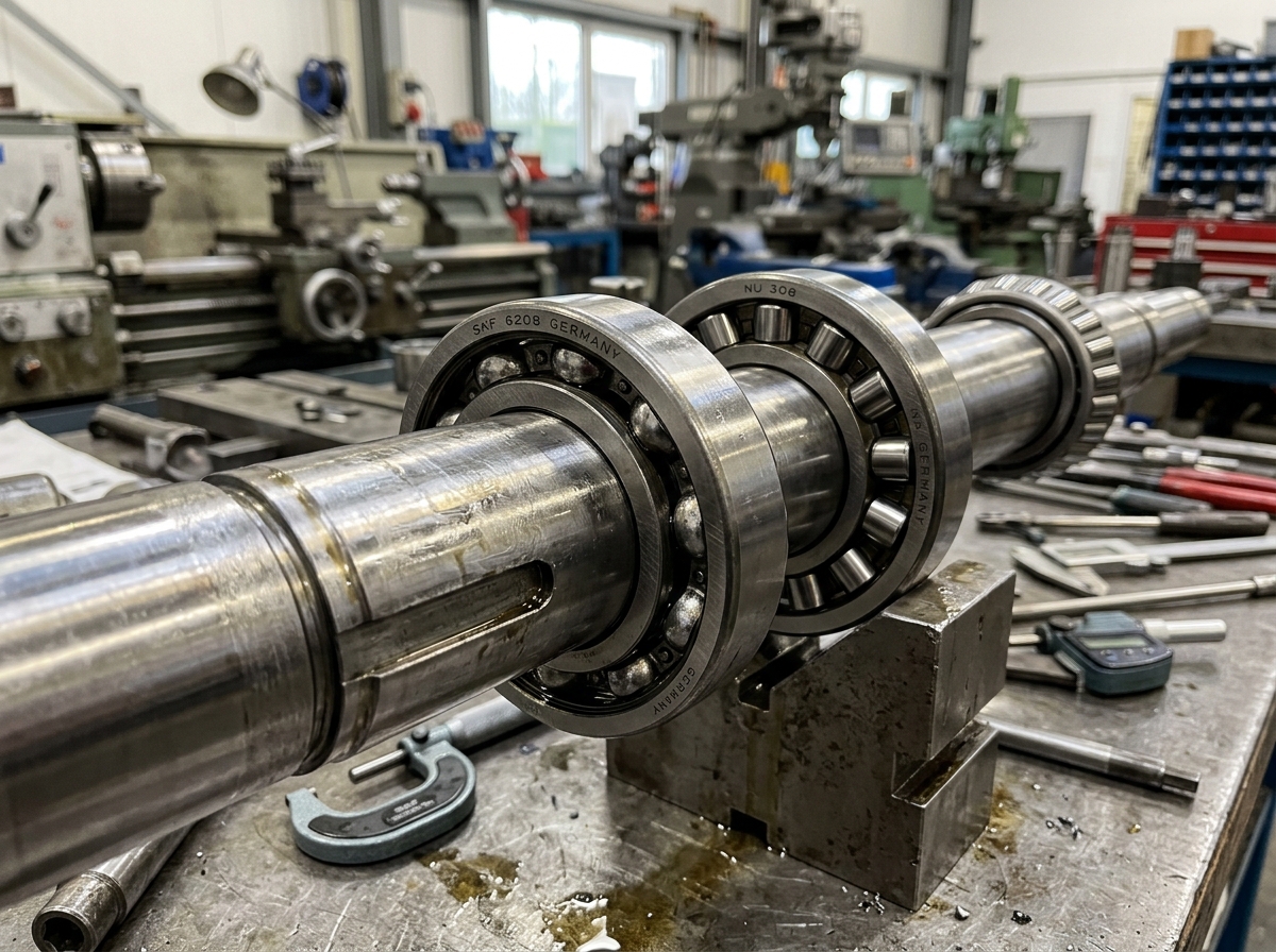 Industrial Bearings Mounted on a Precision Machined Steel Transmission Shaft