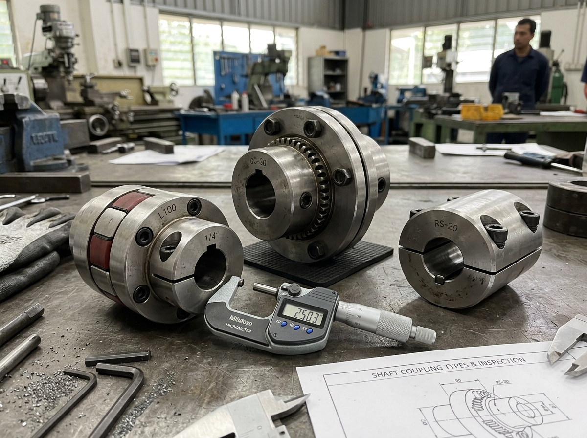Flexible Jaw and Gear Couplings on Inspection Table in Workshop