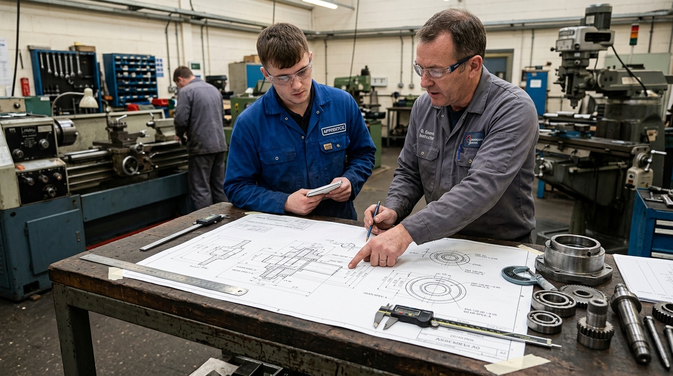 Instructor and Trainee Reviewing a Mechanical Assembly Drawing in Workshop