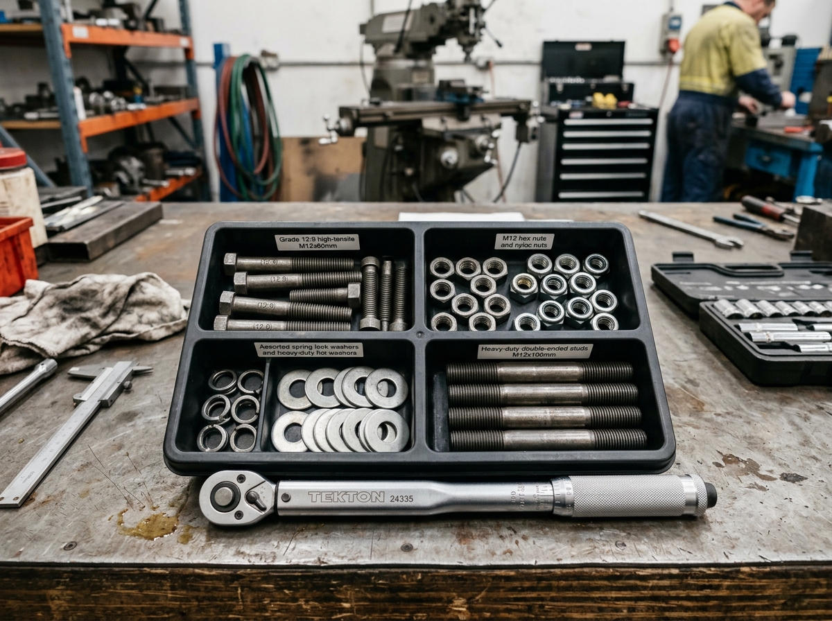 High Tensile Industrial Bolts, Nuts, Washers and Torque Wrench in Organizer Tray