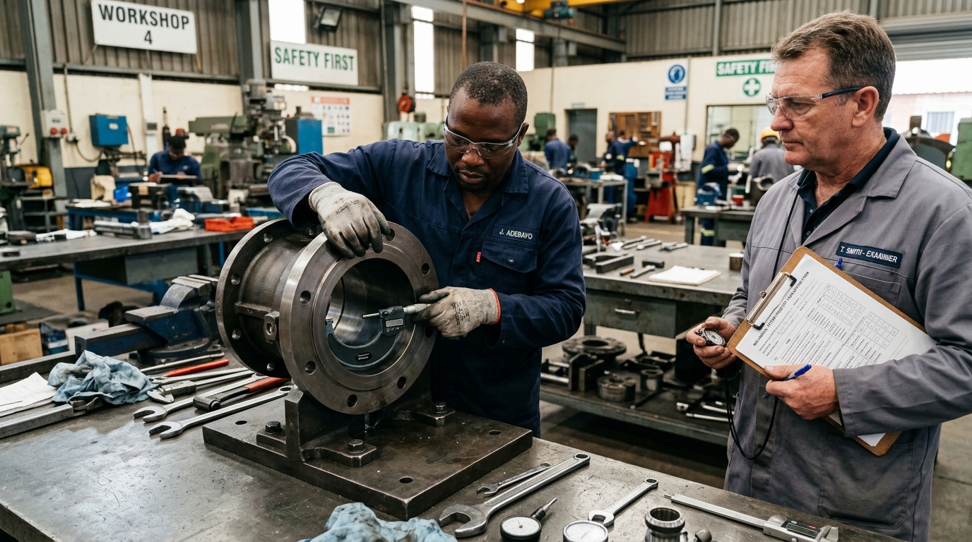 Candidate Undergoing Mechanical Fitter Practical Assessment with Inside Micrometer and Housing