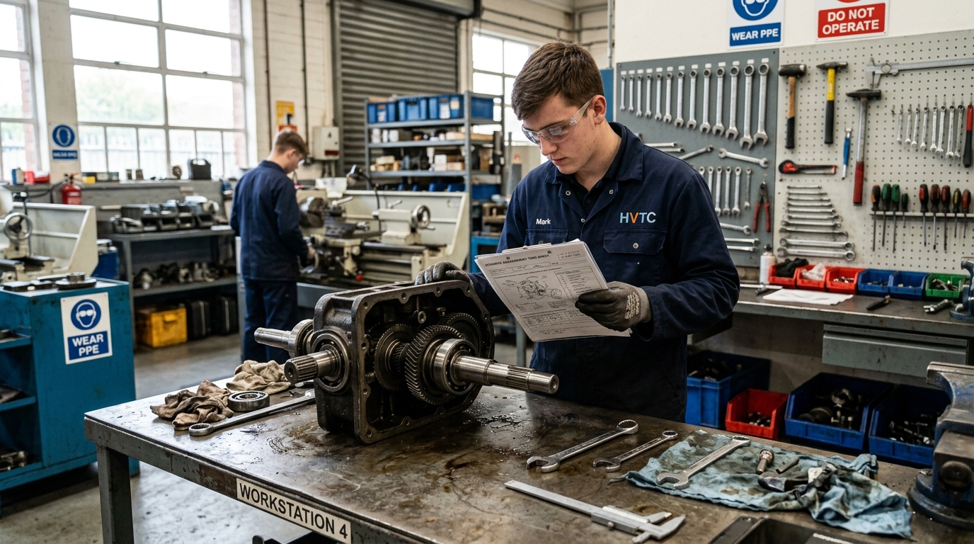 Mechanical Fitter Candidate Reviewing an Assessment Task Sheet in Workshop