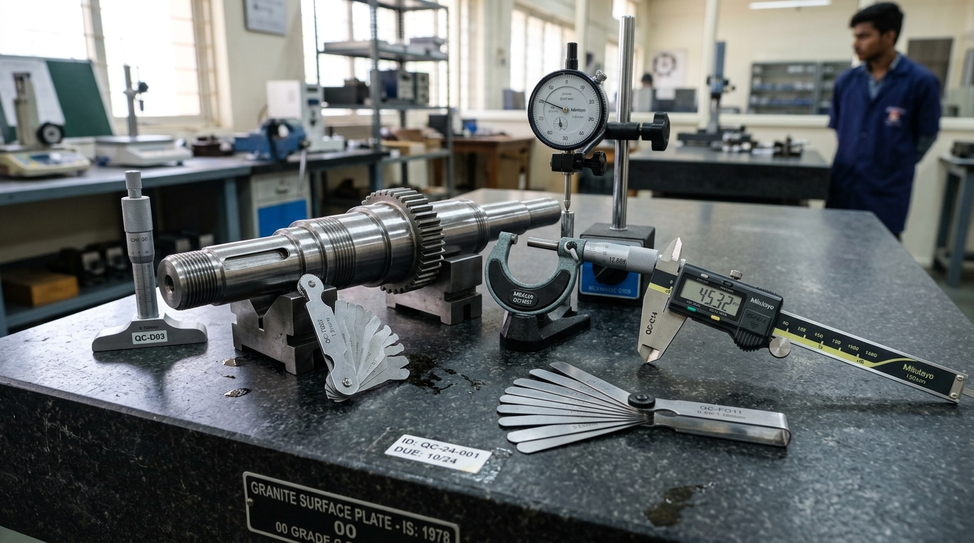 Precision Metrology Tools Including Vernier Caliper, Outside Micrometer, Dial Gauge on Granite Surface Plate