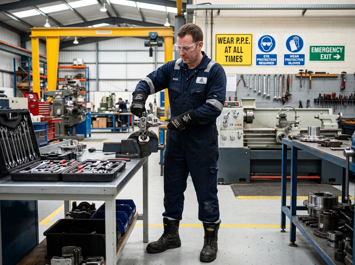 Mechanical Fitter Wearing Personal Protective Equipment PPE in Engineering Workshop