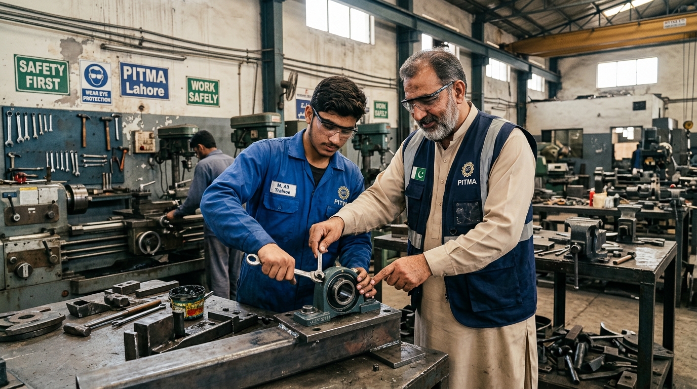 Instructor Supervising Trainee Assembling Pillow Block Bearing on Test Frame in Multan