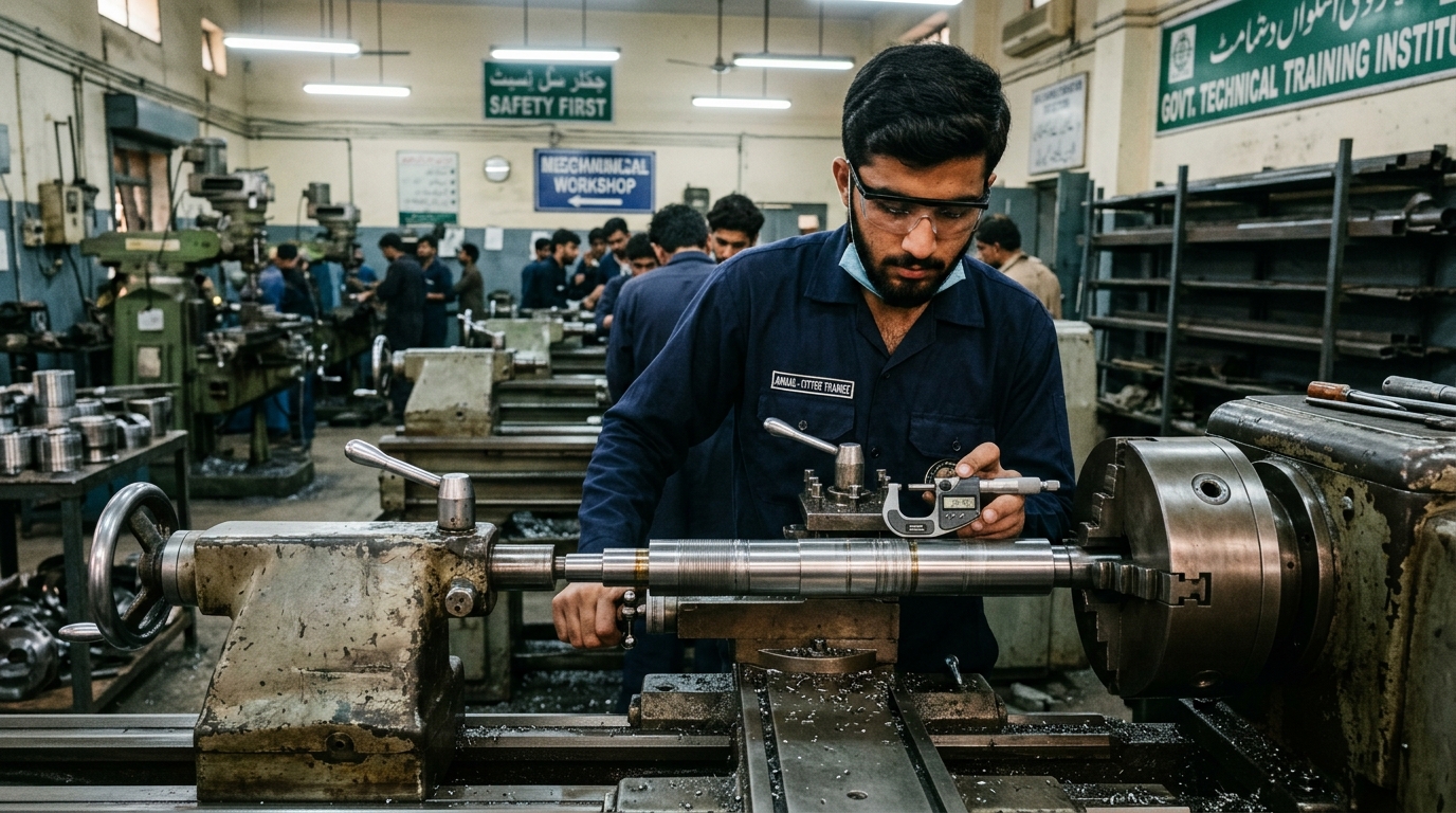 Mechanical fitter operating lathe machine and precision measurement tools