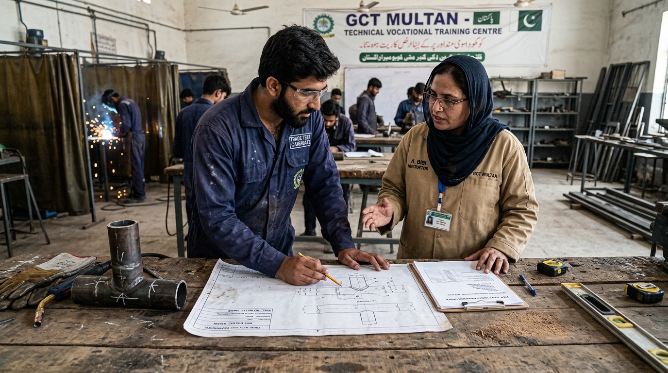 Instructor Briefing Trainee on Pipe Fitter Trade Test Marking Criteria in Multan