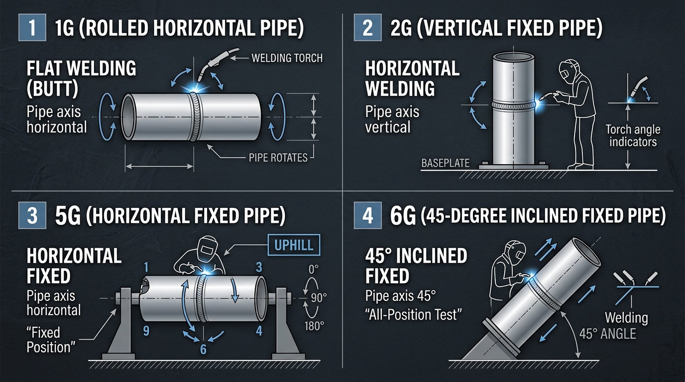 Pipe welding positions including 1G 2G 5G and 6G