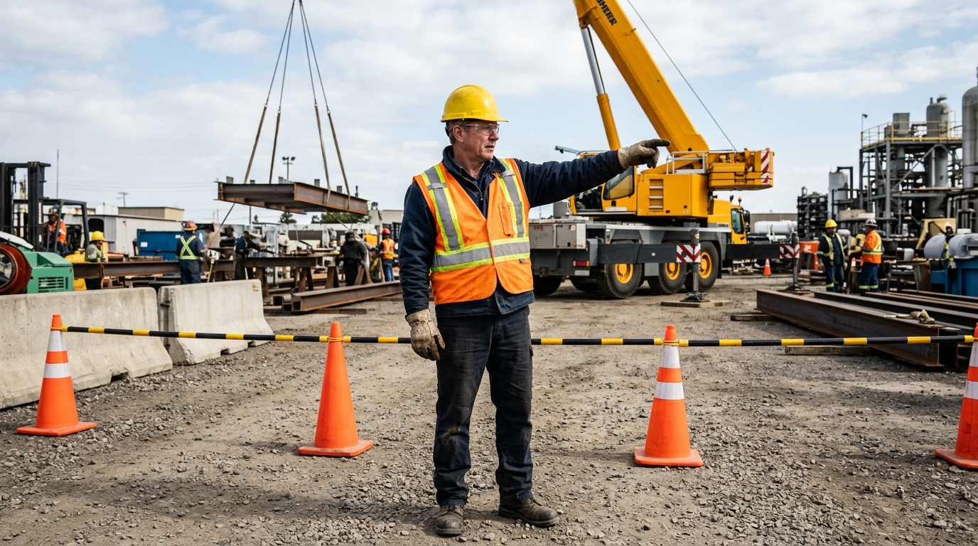 Qualified rigger communicating with mobile crane operator via standardized ASME hand signals