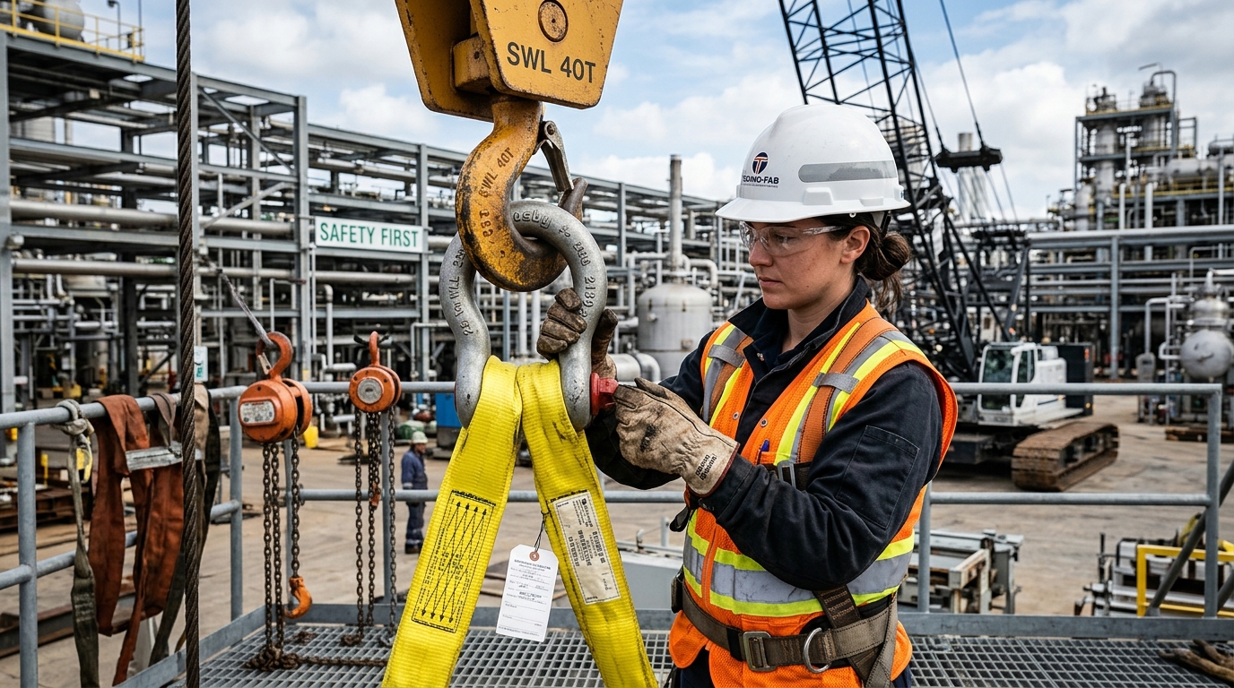 Industrial Rigger safely inspecting bow shackle and lifting sling on crane hook