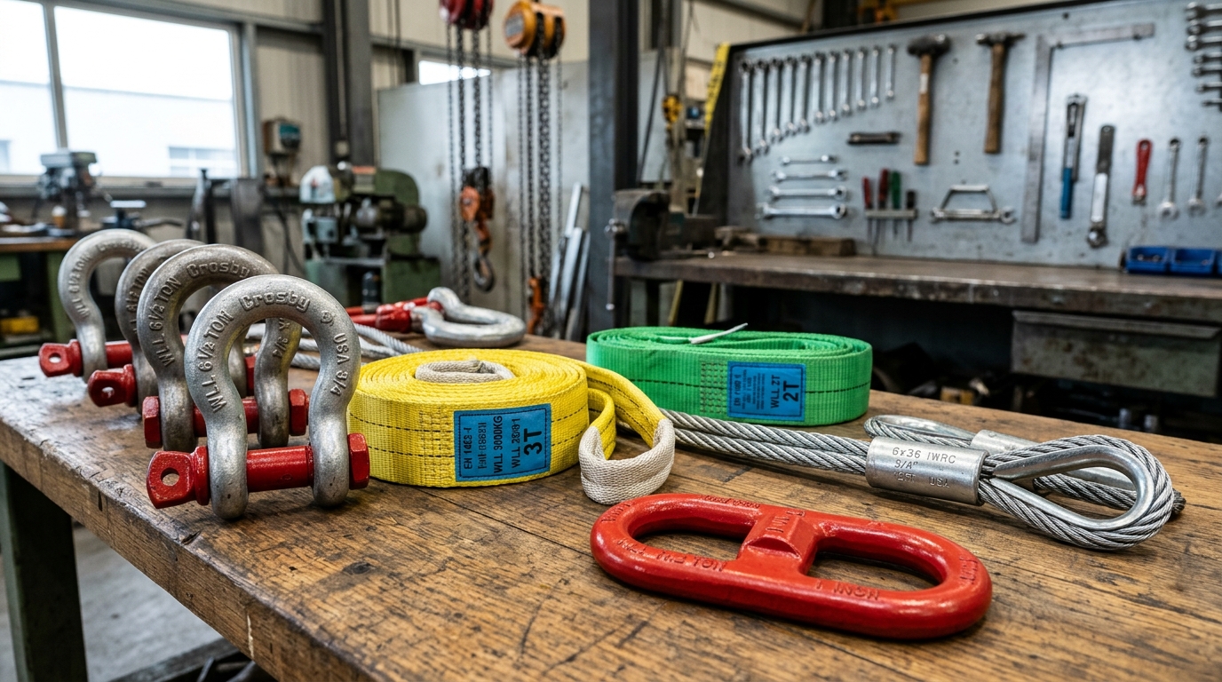 Rigging hardware: forged steel bow shackles, synthetic webbing slings with capacity tags, wire rope slings, and master link