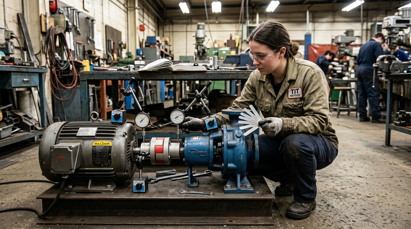 Mechanical Fitter Checking Motor and Pump Coupling Alignment with Dial Indicators and Feeler Gauge