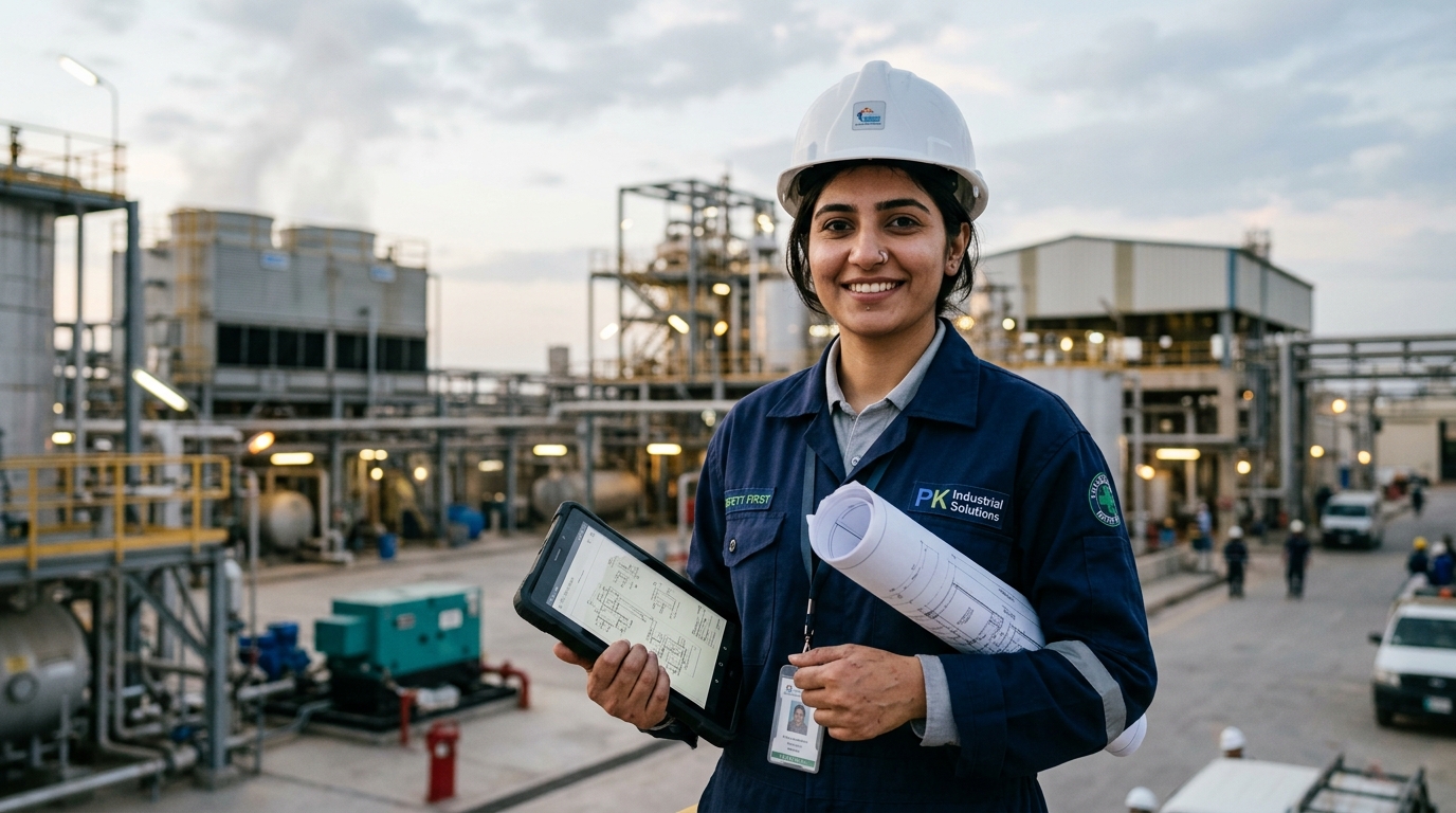 Pakistani technical professional with digital tablet and blueprints representing skill development