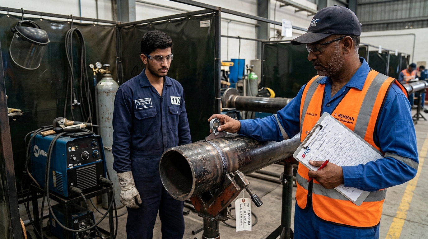 Technical evaluator inspecting candidate pipe weld joint in a trade test assessment environment