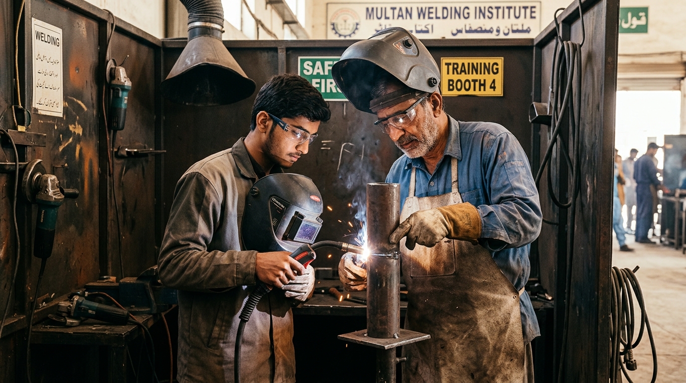 Welding instructor supervising practical training in Multan