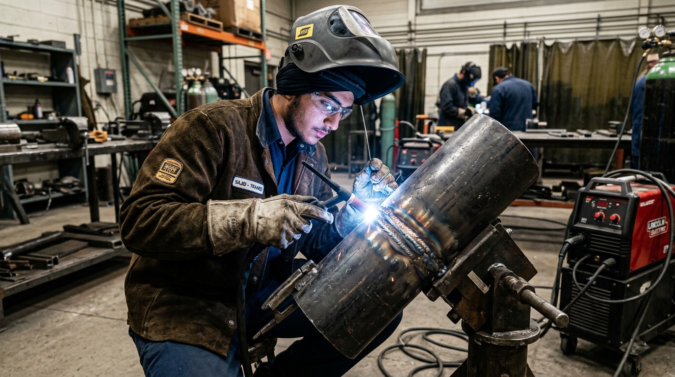Pakistani trainee practicing 6G TIG and SMAW pipe welding in workshop booth