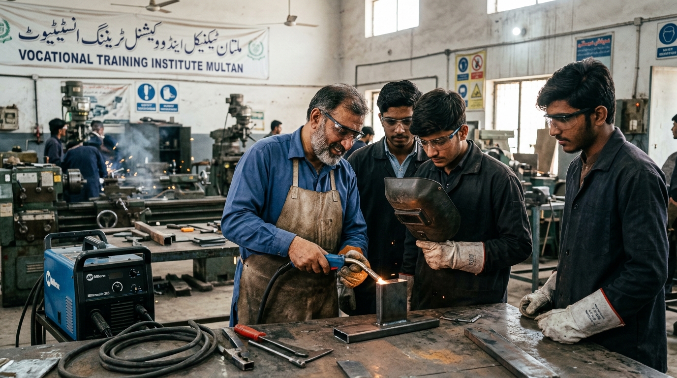 Experienced technical trainer guiding Pakistani students during welding workshop practice